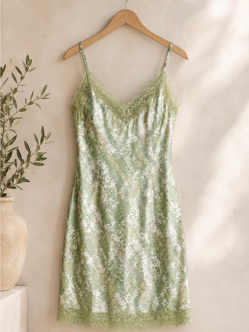 Gold Hawk 100% Silk Green and Pink Slip Dress Size S